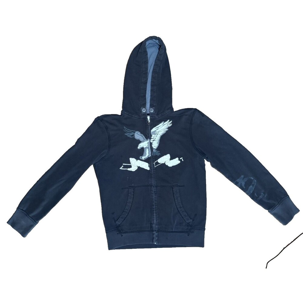 Y2K American Eagle Outfitters Full Zip Applique Hoodie Mens M Thermal Faded